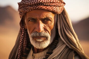 Contemplative portrait of a middle-aged Bedouin man, his expression stoic yet filled with quiet...