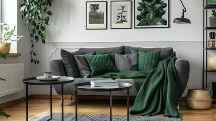Black table next to sofa with green blanket in cozy apartment interior with gallery of posters