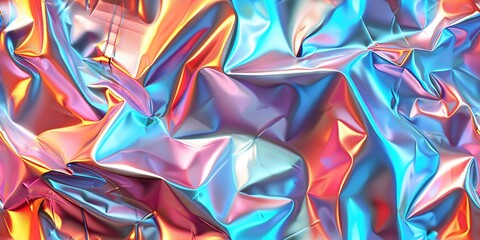 Sleek shimmering silver holographic crinkled metallic vaporwave backdrop with a popular opalescent soft rainbow kaleidoscope design. Vintage 80s techpunk or netpunk geometric digital art. - obrazy, fototapety, plakaty
