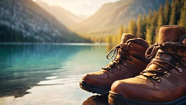 Pair of hiking boots at the shore of beautiful scenic mountain lake, generative AI