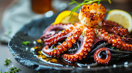 Black pasta with octopus, seafood concept - obrazy, fototapety, plakaty