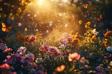 Fototapeta na wymiar Flowers and butterflies in a magical garden with sunlight