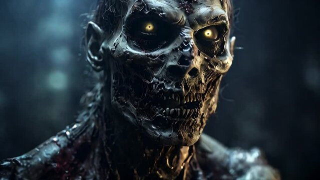 Undead zombie creature, spooky and scary, dreadful figure looking at camera, generative ai