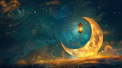 Obraz na płótnie Canvas Golden Moon and Lantern Ramadan Kareem Illustration. 2024 Concept