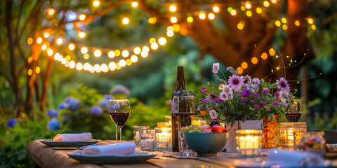 Enchanting garden dinner party with string lights at dusk - obrazy, fototapety, plakaty