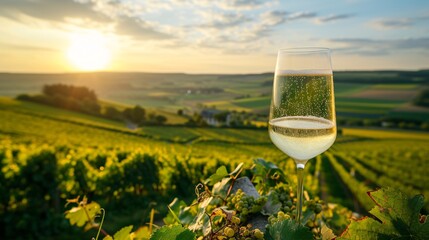 Experience a sampling of first-rate effervescent white wine with bubbles in France's lush pinot noir and meunier vineyards. - obrazy, fototapety, plakaty