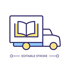 Book delivery truck RGB color icon. Education materials transportation, culture. Literature logistic car, vehicle. Isolated vector illustration. Simple filled line drawing. Editable stroke