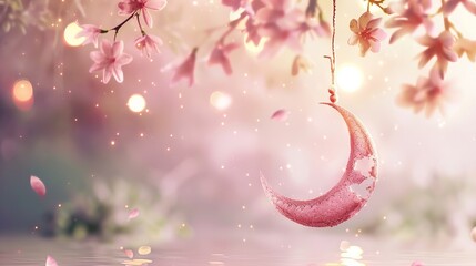 Pink Ramadan Crescent Moon Greeting Card. 2024 Concept 