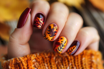 Autumn Leaves Nail Art Design. Close-up of hand with detailed autumnal leaf patterns on manicured nails.