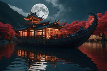 Ancient chinese dragon boat with lamp and red leaves under the fullmoon on the calm lake