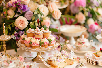 Obraz na płótnie Canvas Elegant Afternoon Tea Setting. Opulent afternoon tea display with cupcakes and fine china amidst floral arrangements.