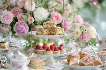 Elegant Afternoon Tea Setting. Opulent afternoon tea display with cupcakes and fine china amidst floral arrangements.