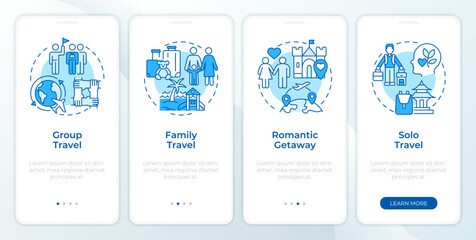 Travel types blue onboarding mobile app screen. Travel agency walkthrough 4 steps editable graphic instructions with linear concepts. UI, UX, GUI template. Montserrat SemiBold, Regular fonts used - obrazy, fototapety, plakaty