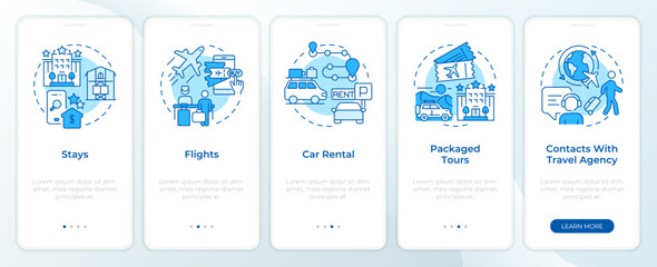 Travel services blue onboarding mobile app screen. Tourism walkthrough 5 steps editable graphic instructions with linear concepts. UI, UX, GUI template. Montserrat SemiBold, Regular fonts used