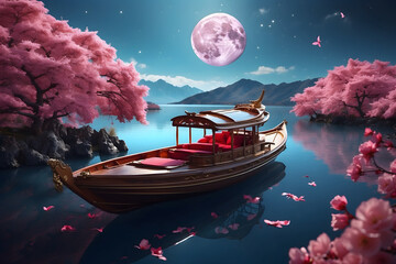 A boat and cherry blossom under the pink moon - obrazy, fototapety, plakaty