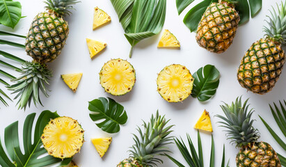 Sleek Pineapple Design Pattern on White Surface, Top-Down View Perspective - obrazy, fototapety, plakaty