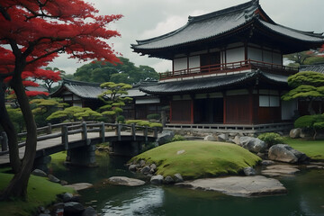 Ancient japnese building and green garden