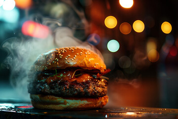 Steamy Gourmet Burger in Neon Light. Juicy burger with steam, bokeh lights background.