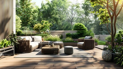 Large terrace patio with rattan garden furniture in the garden on wooden floor - obrazy, fototapety, plakaty