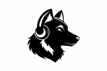 Dog head with headphones silhouette black artwork illustration