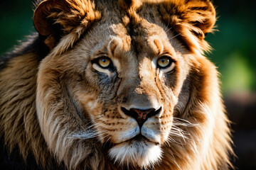 A closeup of a lions powerful and stoic eye, framed by its magnificent whiskers and dark fur