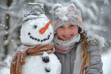 Child's Winter Joy with Snowman. A happy child with a snowman during a snowfall.