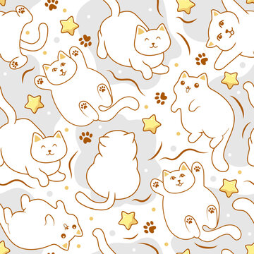 The kawaii seamless pattern with cute cats and stars. Funny children's illustration. 