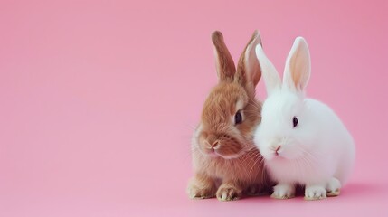 lovely two fluffy brown bunny and a white bunny sit on clean pink background