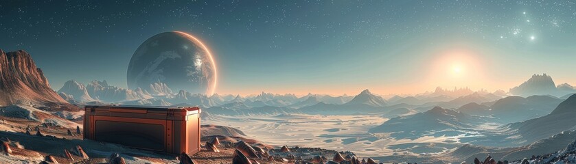 Telescope view of an exoplanet alien landscapes imagined - obrazy, fototapety, plakaty