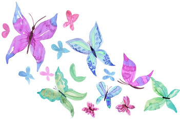 Pastel colored watercolor hand painted butterflies. PNG transparent design element - 776948532