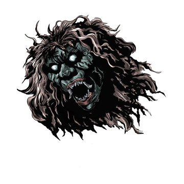 illustration of a ghost's head with bushy hair.

