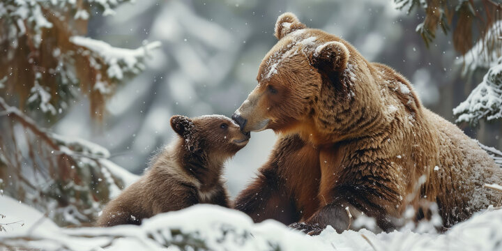 Photo of A brown bear and its cub playing in the forest