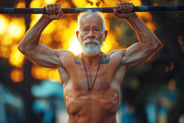 elderly old athletic male athlete shirtless pull-up on horizontal bars on outdoor sports field in summer