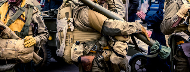 Second world war commemoration at SAINTE MERE L'EGLISE In Normandy, FRANCE. Armed troop soldier...