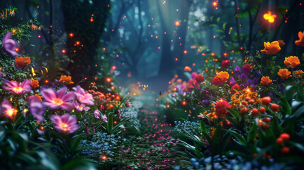 A mystical forest path illuminated by fireflies, leading to an enchanted garden filled with colorful flowers and magical creatures