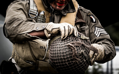 Second world war commemoration at SAINTE MERE L'EGLISE In Normandy, FRANCE. Armed troop soldier...