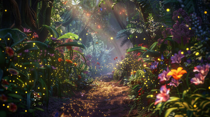 Obraz na płótnie Canvas A mystical forest path illuminated by fireflies, leading to an enchanted garden filled with colorful flowers and magical creatures