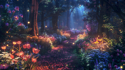 A mystical forest path illuminated by fireflies, leading to an enchanted garden filled with colorful flowers and magical creatures