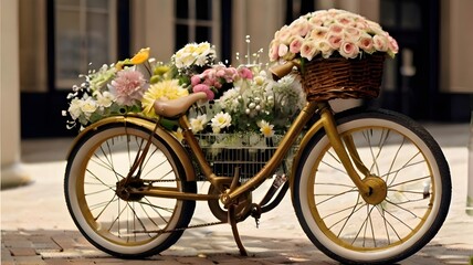 A whimsical scene of a bicycle covered in a variety of flowers, from dainty daisies to elegant roses, creating a unique and eye-catching display. - obrazy, fototapety, plakaty