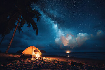 Night camping under the stars with tent and campfire on the beach - obrazy, fototapety, plakaty