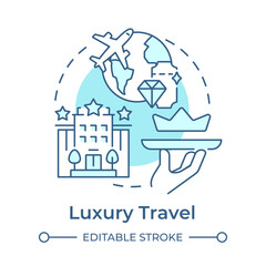 Luxury travel soft blue concept icon. Exclusive trip. First class plane. VIP travel. Niche tourism. Round shape line illustration. Abstract idea. Graphic design. Easy to use in blog post