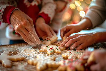The warmth of a family kitchen on Christmas Eve, where hands of all ages are decorating sugar cookies with festive sprinkles and colors, the air filled with laughter and the scent of vanilla