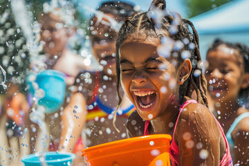 Joyful Water Fight in Summer Pool. Children laughing and playing with water guns in a pool on a sunny summer day.