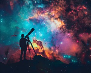 Astronomer observing nebulae through a telescope