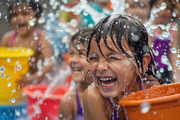 Joyful Water Fight in Summer Pool. Children laughing and playing with water guns in a pool on a sunny summer day.