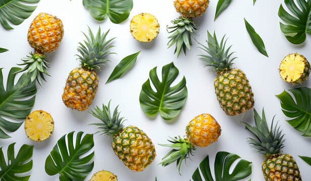 Artistic Pineapple Print Overlay on Clean White Surface, Top-Down Perspective