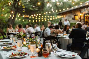 Elegant outdoor wedding reception with string lights - obrazy, fototapety, plakaty