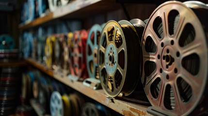 An array of colorful vintage film reels arranged on a shelf in a dimly lit room