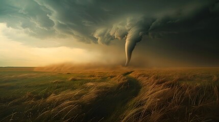 Dramatic tornado: Unleashing chaos in a grass field stormscape AI Image - obrazy, fototapety, plakaty