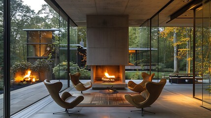 View of chairs by fireplace in patio of a modern home